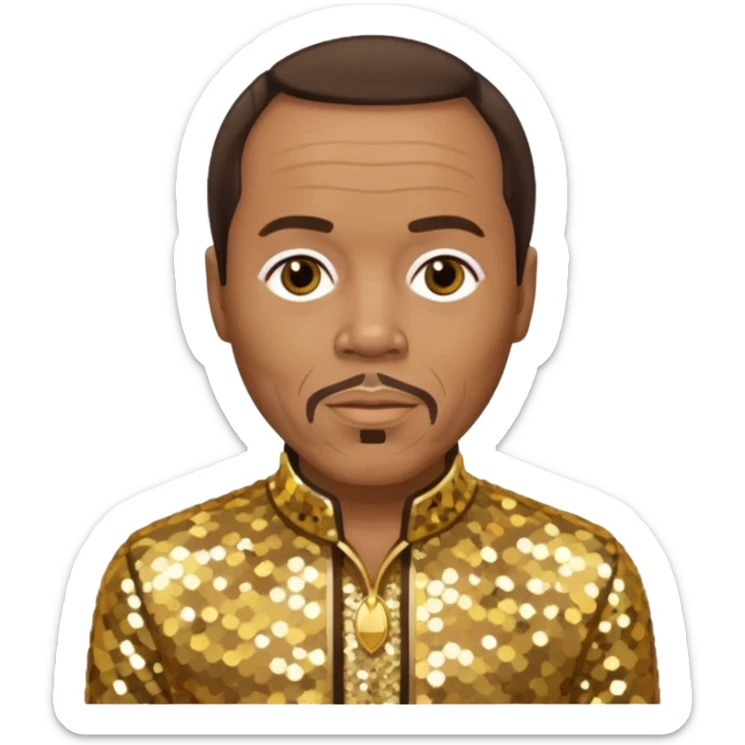 Quincy Jones with dark brown hair, gold sequin outfit  sticker