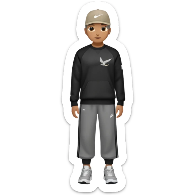 Crea Un Emoji Con Cuerpo Completo Que Sea Hombre Con Corte Alucin Y Una Gorra De Nike, Unos Zapatos Campus Adidas, Suéter Negro De LA,  Un Pantalón Con Palomas Estilo Bellaco O Ancho sticker