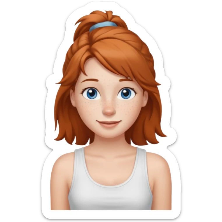 Una chica de tez blanca con pecas, nariz respingada, labios gruesos, ojos grandes color azul grisáceo, pelo largo, lacio, color avellana. Con una blusa de tirantes blanca. Que este sonriendo y q solo se vea de la cintura hacía arriba sticker