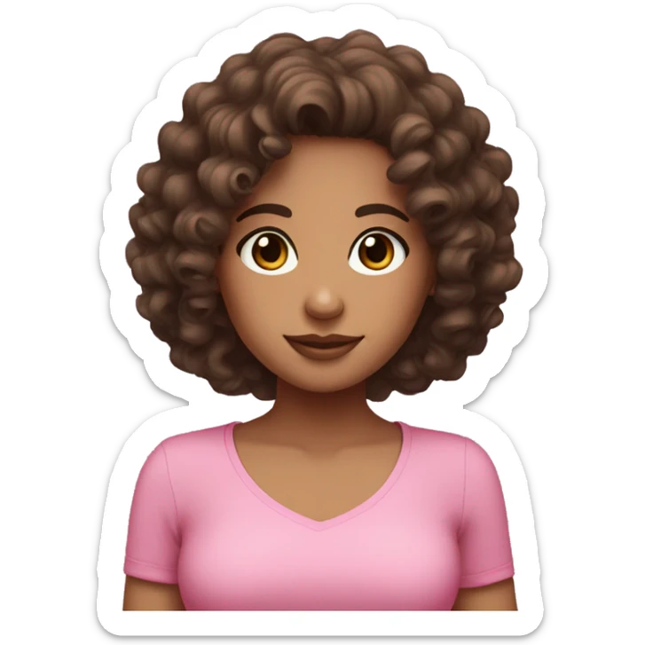 curly and wavy brunette girl with brown eyes and a pink top sticker