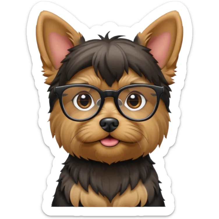 smart Yorkshire Terrier wearing glasses, looking clever and alert, cute emoji style sticker