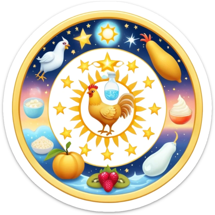 Magical daily fitness nutrition schedule with ethereal water bottle, celestial sun, enchanted chicken and rice plate, mystical gym equipment, glowing yogurt, sparkling fruits, and dreamy sleep symbol, all arranged in a cosmic circle with starry aura sticker