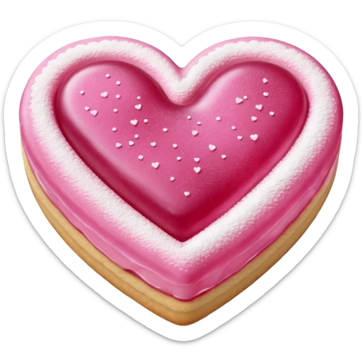 Realistic shortbread cookie in the shape of a heart with pink jelly middle filling and sprinkled powder sugar on top. sticker