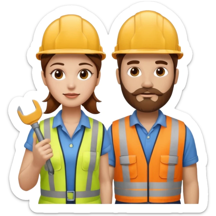 me haces una mujer pelo marron y un hombre con barba , que ambos esten vestidos como constructores de obra que sean blancos de piel  sticker