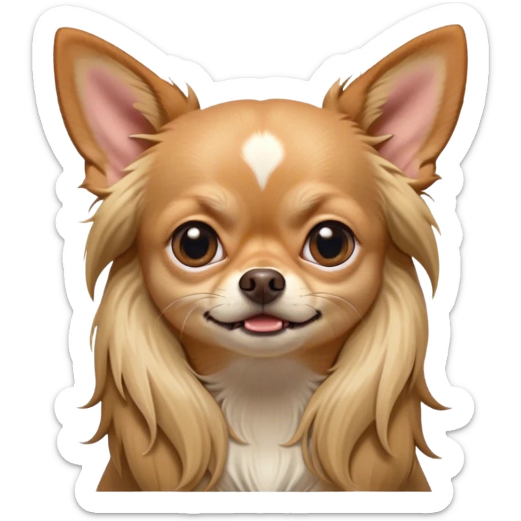 Cinematic Meme-Worthy Grumpy Long Haired Fawn Chihuahua Portrait Emoji, Head held high but eyes filled with dramatic disappointment, smooth long fawn hair cascading elegantly, deeply furrowed brow forming an unmistakable scowl, floppy ears slightly angled back in disapproval, piercing dark eyes glaring with pure exasperation, Simplified yet hilariously over-exaggerated features, highly detailed, glowing with an aura of supreme annoyance, high shine, exhausted yet judgmental, stylized with an almost regal pettiness, bright but brooding, soft glowing outline, capturing the essence of a companion that has seen it all and is thoroughly unimpressed, so meme-worthy it feels like it could instantly become the next viral sensation of grumpiness! sticker
