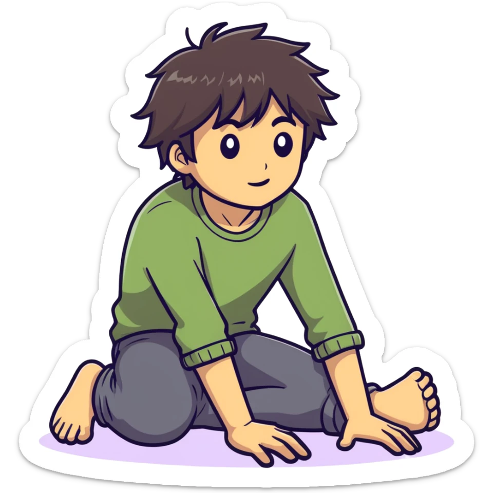 Asian male shaggy hair crawling on hands and knees sticker