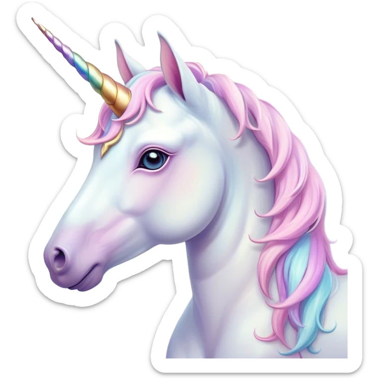 Beautiful and Majestic Unicorn Pony Portrait Emoji, Head and body radiating gentle magic with a soft pastel color, a delicately sparkling horn and eyes gently closed in peaceful wonder, Simplified yet exquisitely endearing features, highly detailed, glowing with a soft, ethereal light, high shine, serene and utterly majestic, stylized with an air of fairy-tale regality, soft glowing outline, capturing the essence of a beautiful and majestic unicorn pony that embodies the enchanting spirit of a dream! sticker