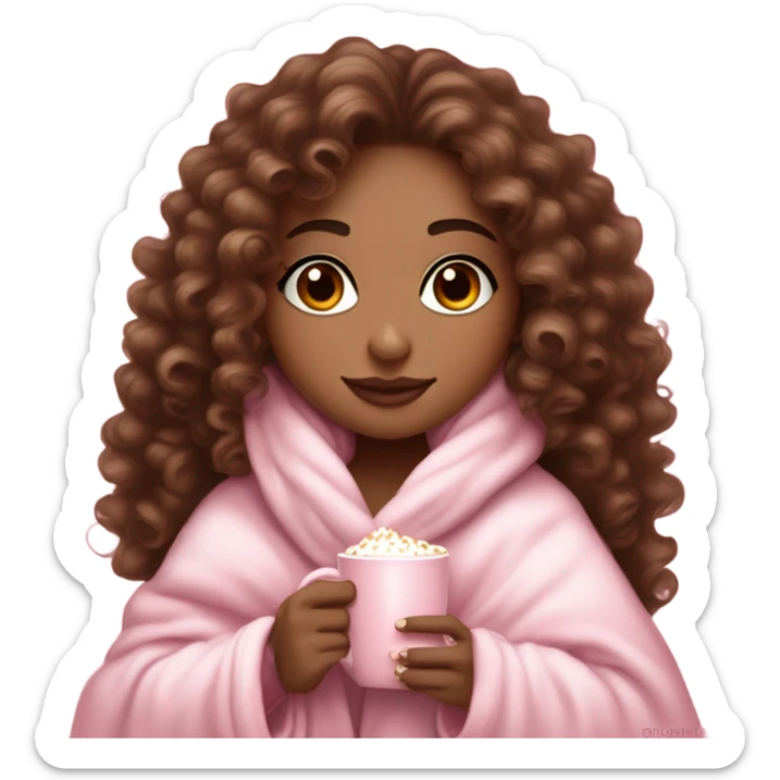 Light skin girl  with brown curly hair under our pink blanket,make her look like a young  make it so you can see the curly hairsipping hot cocoa with marshmallows, cuddled around the blanket, long curly hair, long, medium lashes sticker