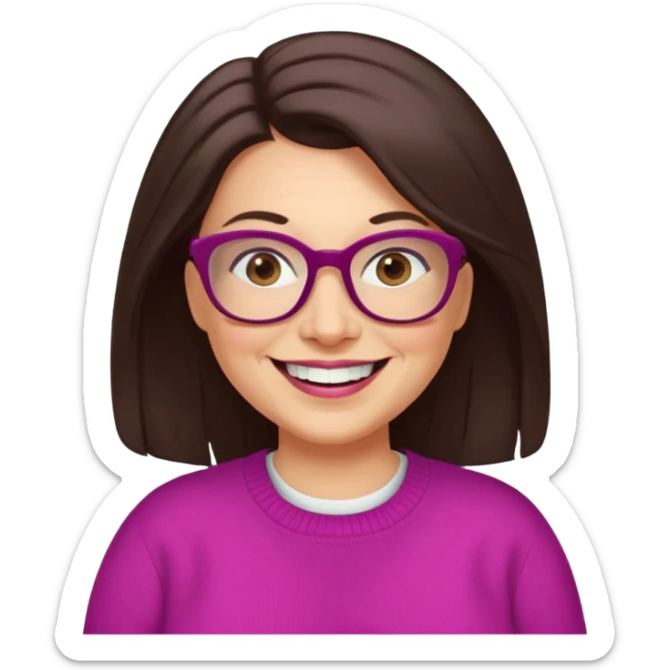 50 yr Caucasian woman, long dark brown hair parted on side, brown eyes, brown glasses, big smile, white teeth, fuscia sweater, chubby,  sticker