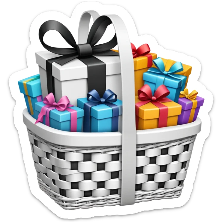 big white gift basket with lots of gifts that are black and white sticker