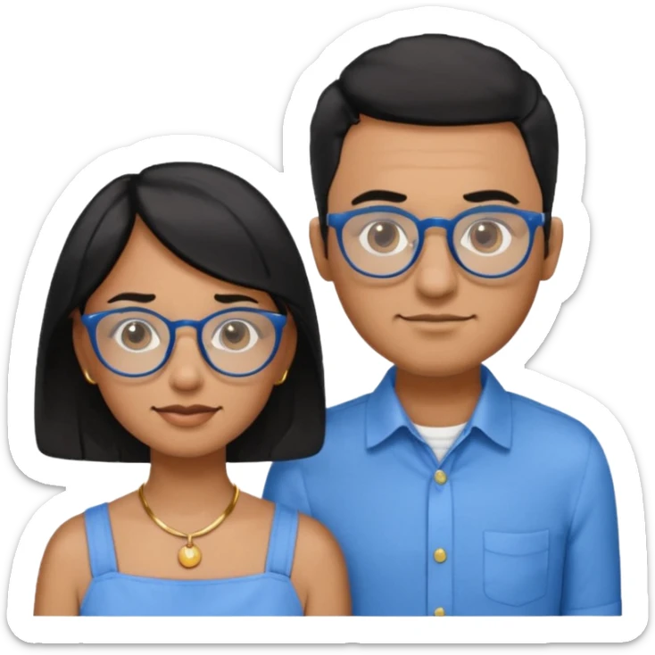Dois emojis, um homem pardo com cabelos pretos, blusa azul com gola e botões, óculos retangular na cor azul. Mulher parda com cabelo curto preto, óculos redondos e transparentes, está com vestido azul de alças finas e com brincos de argolas douradas na orelha sticker