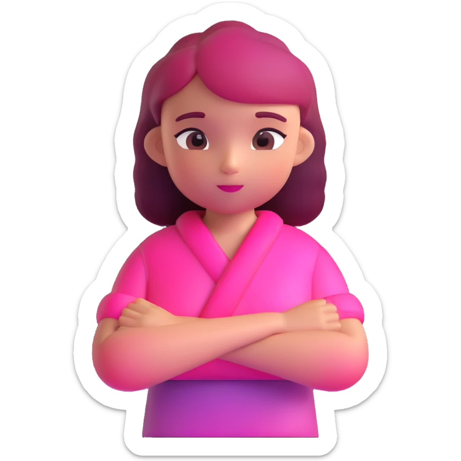 Shy girl character with arms crossed, transparent glass style, bright pink gradient, soft shadows and highlights, minimalist cute design sticker