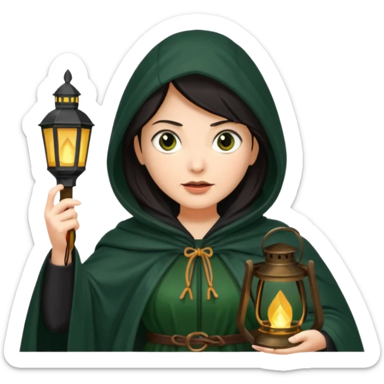 traitor tv show, dark haired woman wearing dark green cloak with hood up who looks evil and is holding up a lantern sticker