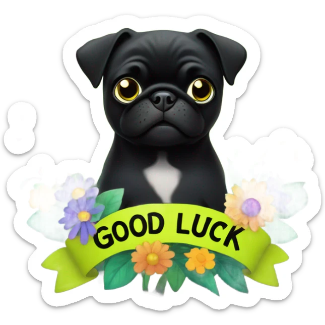 Black pug , surrounded by flowers, holding a green sign that says “good luck”  sticker