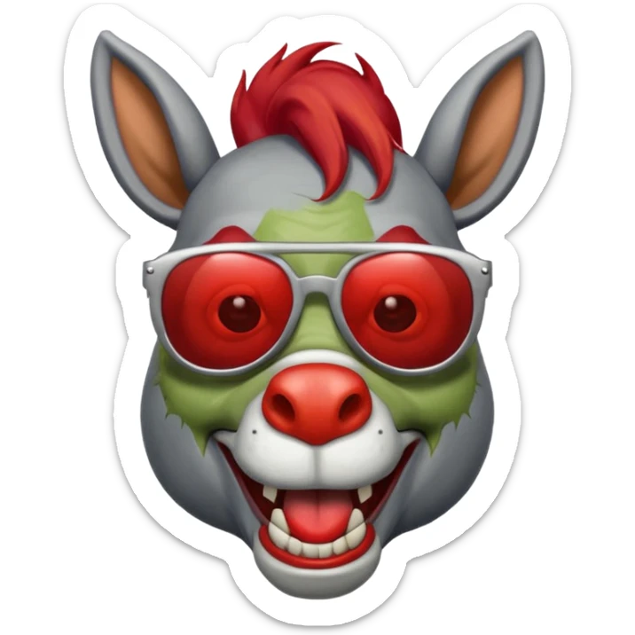 Zombie donkey with sun glasses and red hair and joker nose hungry  sticker