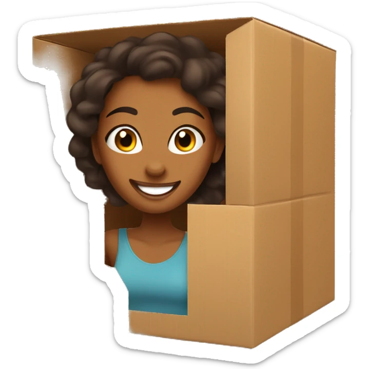 A beautiful brown skin woman with peeks cheerfully from an opening in a large cardboard box, her expression playful and inviting. sticker