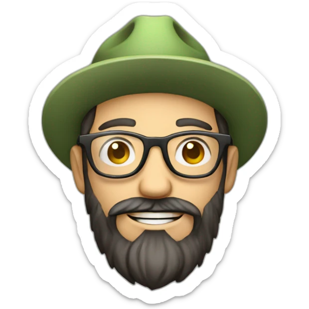 full body of an happy gardener face long dark beard and short dark hair with little transparent glasses and a hat sticker