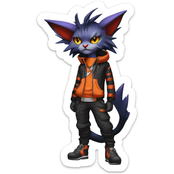 Cool Anthro Noivern-Litten-Feline-Pokémon with edgy stripes hoodie spiked collar punk techwear Cargo Pants Full Body sticker