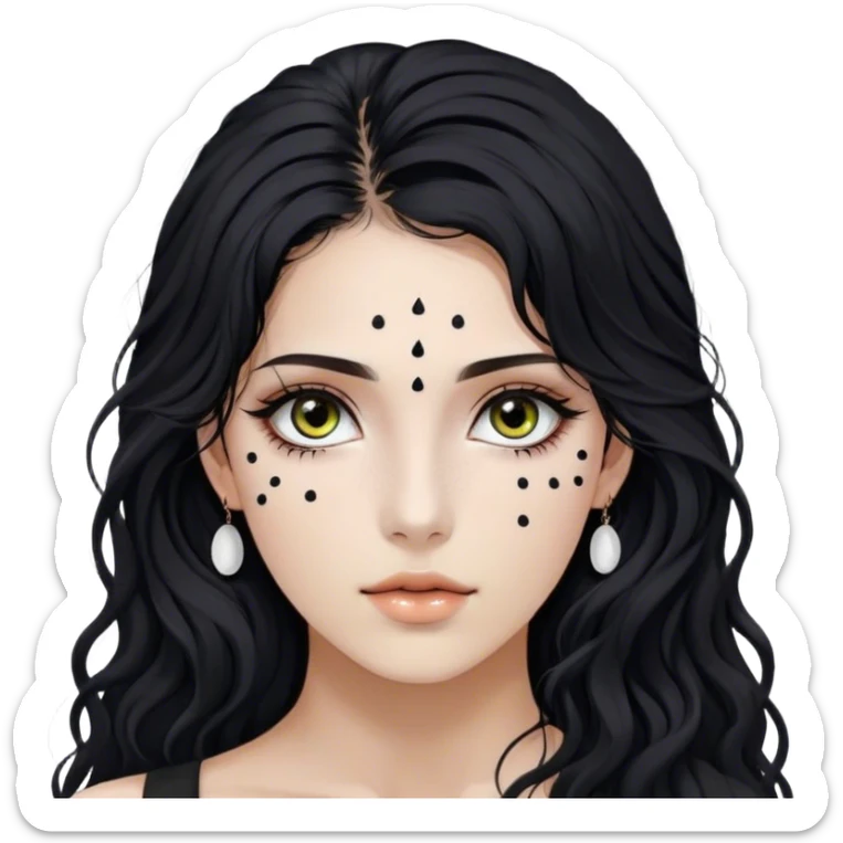 Mujer, cabello negro largo, ojos cafés, pequeños lunares en la mejilla derecha a dos centímetros del ojo, y otro a un centímetro de la parte derecha debajo de la boca, pómulos levemente marcados, ojos cafés oscuros, piel blanca, pestañas y cejas negras  sticker