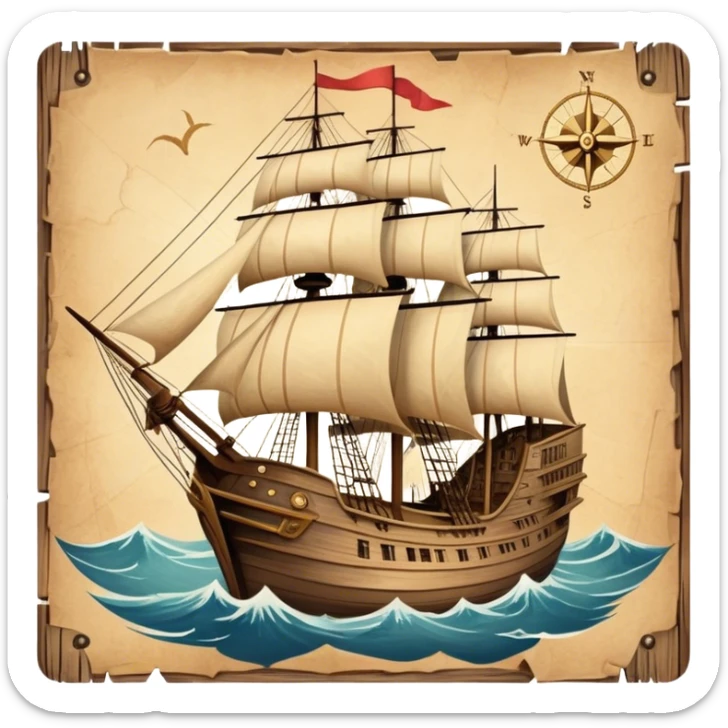 Icon for Historical Movies: Age of Great Geographical Discoveries. A vintage movie poster-style design with a sailing ship, a compass, and a globe. Include explorers with maps, sea waves, and distant lands in the background. Retro cinematic style. Transparent background. sticker