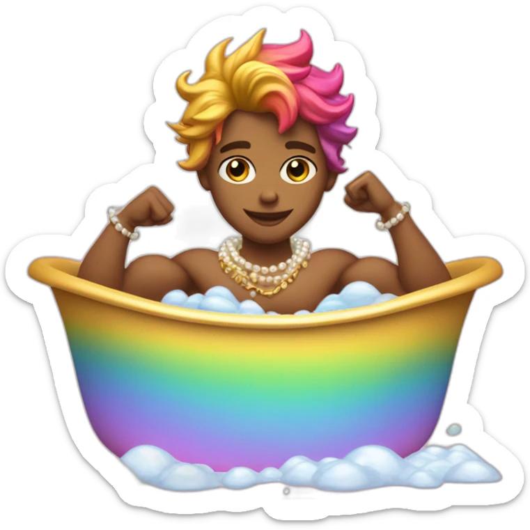 posh-muscle-boy-with-pearl-necklace-and-rainbow-unicorn-hair-in-golden-bathtub sticker