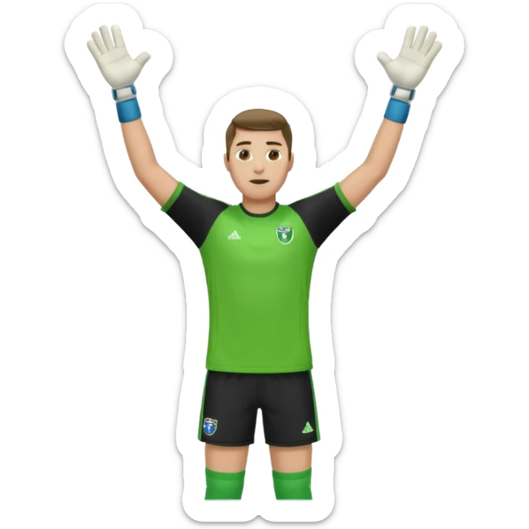goalkeeper, standing, wearing a green shirt, shorts, socks and football boots, with arms raised sticker
