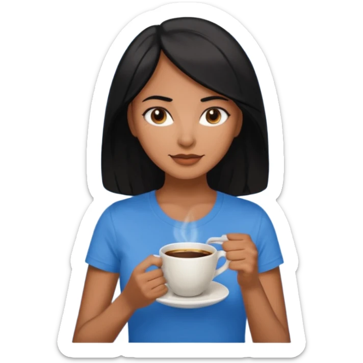 Cabelo preto para frente mais ou menos batendo no peito quero uma xícara de café bem bonita na mão aquelas xícaras bonitas quero ela com uma camiseta azul quero ela morena olhos pretos sticker