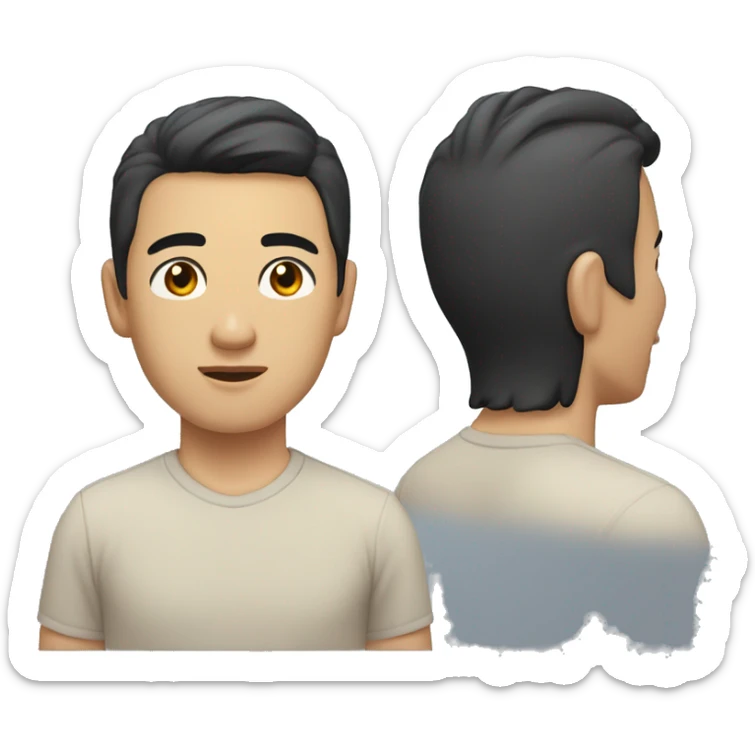 A head and shoulders shot of a 33 year old Asian man, with short black hair, with none facial hair,   with brown eyes wearing a t-shirt. sticker