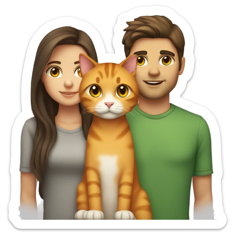 a brunette with long hair and brown eyes and her boyfriend with fluffy brown hair and brown eyes holding an orange cat with yellow eyes and a grey tabby cat with green eyes sticker