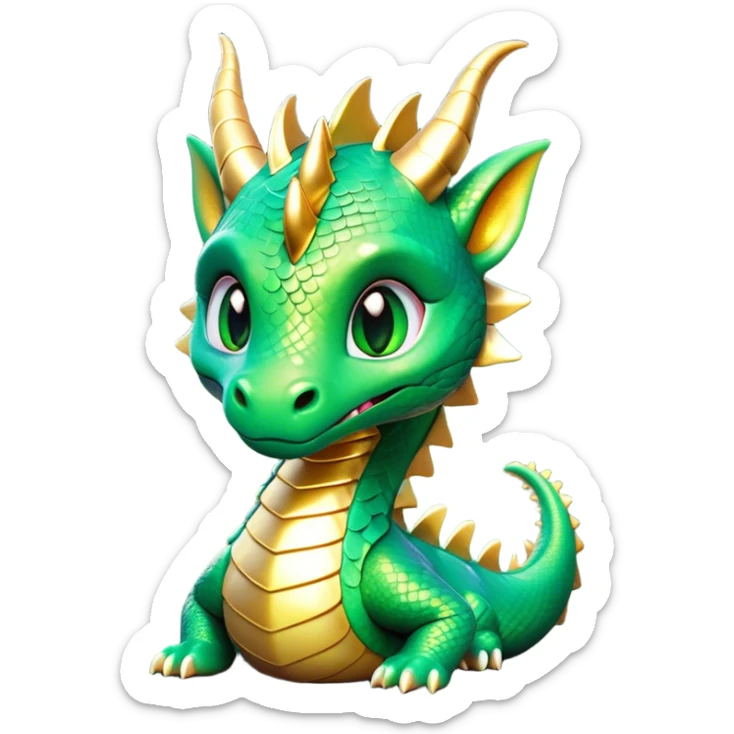 Cinematic Cute Dragon Portrait Emoji, Head tilted playfully and inquisitively, featuring a sleek, serpentine form adorned with iridescent scales that shift between emerald and gold, a delicate set of subtle horns, and round, sparkling eyes full of curious magic; rendered with realistic detail and warm natural light, high shine, affectionate and enchanting, styled with a touch of whimsical fantasy, soft glowing outline, capturing the essence of a mischievous yet lovable dragon that seems poised to slither playfully into your arms! sticker