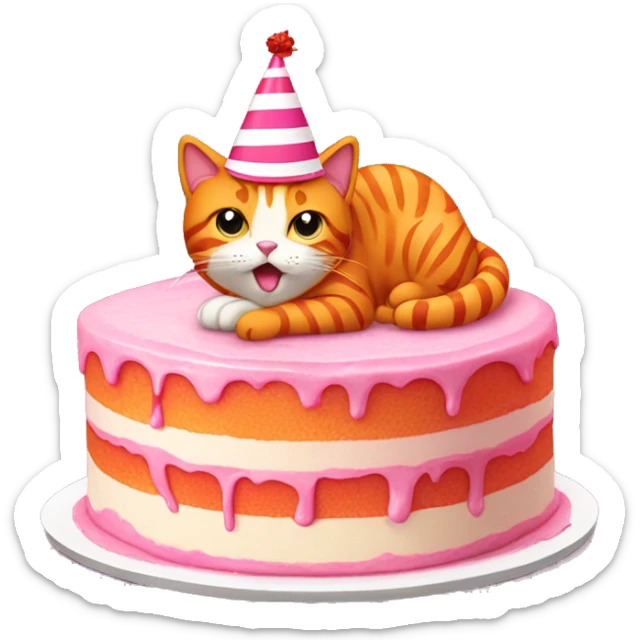 Orange cat with stripes wearing a red party hat eating a piece of pink cake sticker