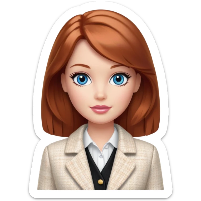 A Barbie girl with blue eyes, shoulder-length reddish-brown hair with makeup, wearing a white tweed jacket and a black skirt stands with cream sticker