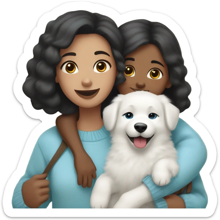 A girl with black Medium bob hair in a sky blue sweater holds a Samoyed puppy in her arms sticker