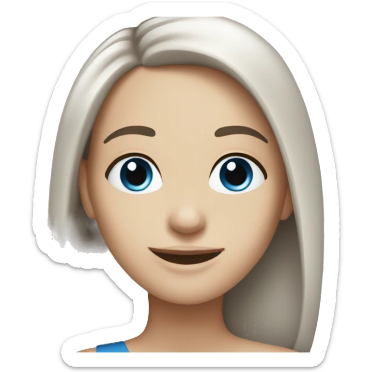 pale woman with dark brown straight hair and blue eyes smiling sticker