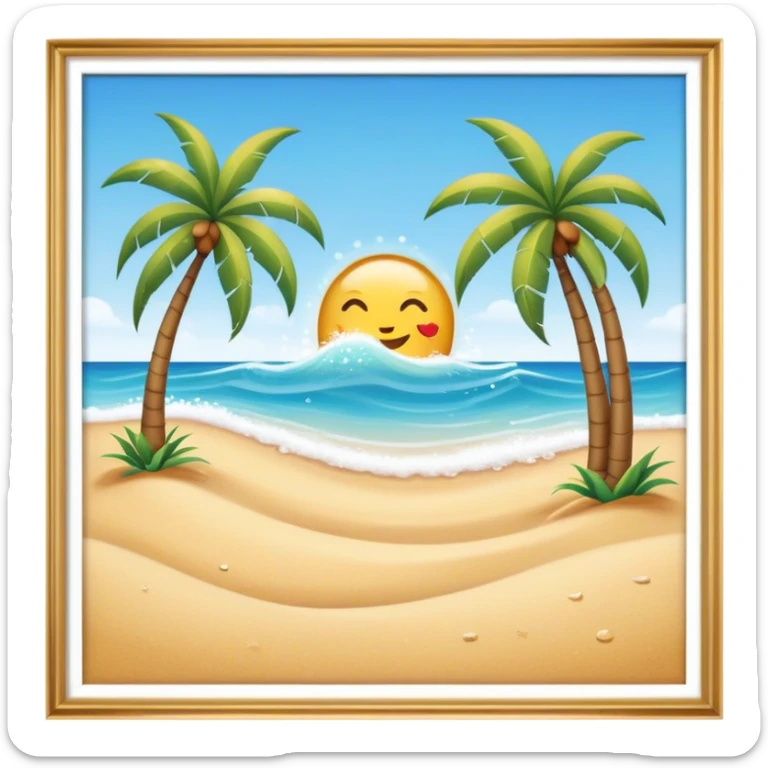 Cinematic Realistic Beach Emoji in a wooden frame, Sunny and bright, with soft golden sand stretching as far as the eye can see, gently lapping waves crashing onto the shore, and a clear, blue sky above. Palm trees sway in the warm breeze, crystal clear water of the waves on the landscape. Soft glowing outline, capturing the essence of a relaxed, joyful beach day filled with sun, sand, and surf! sticker