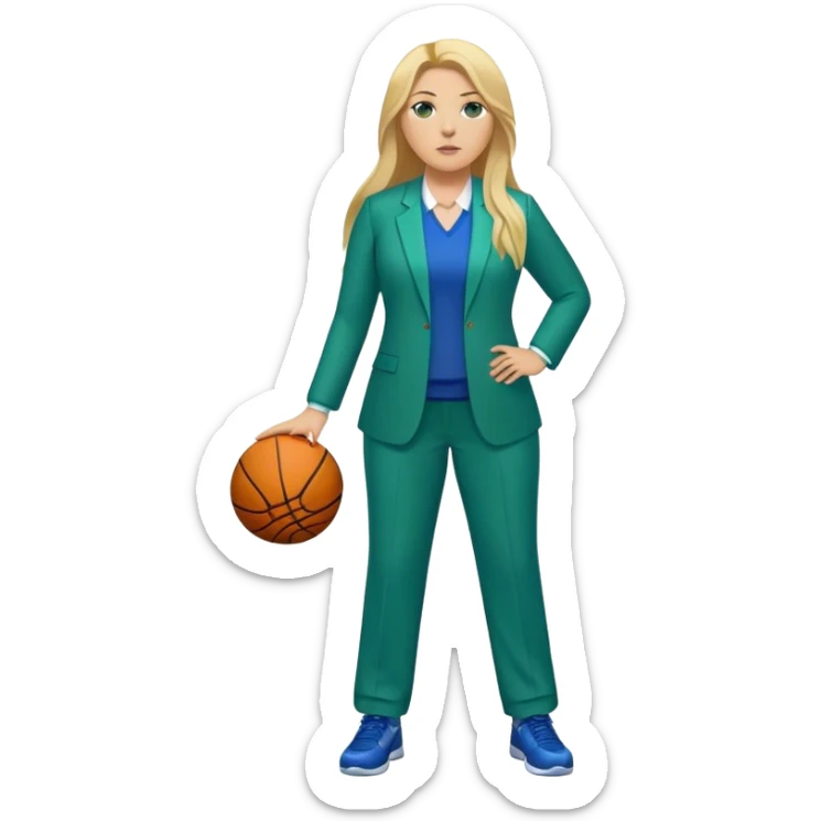 Full Body white plus size female basketball head coach with long blonde hair in a blue and green suit sticker