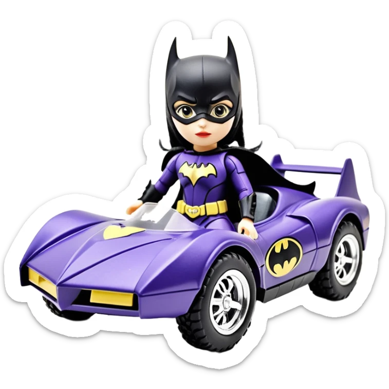 I:10 scale racing sexy fitted Batgirl’s buxom heroically armored midnight-colored tight outfit 1970’s tv style dark knight stealthy accurate sporty safe plush deluxe off-road pursuit drifting F1 town car (black hair, shoulders back against seat) rally vehicle  sticker