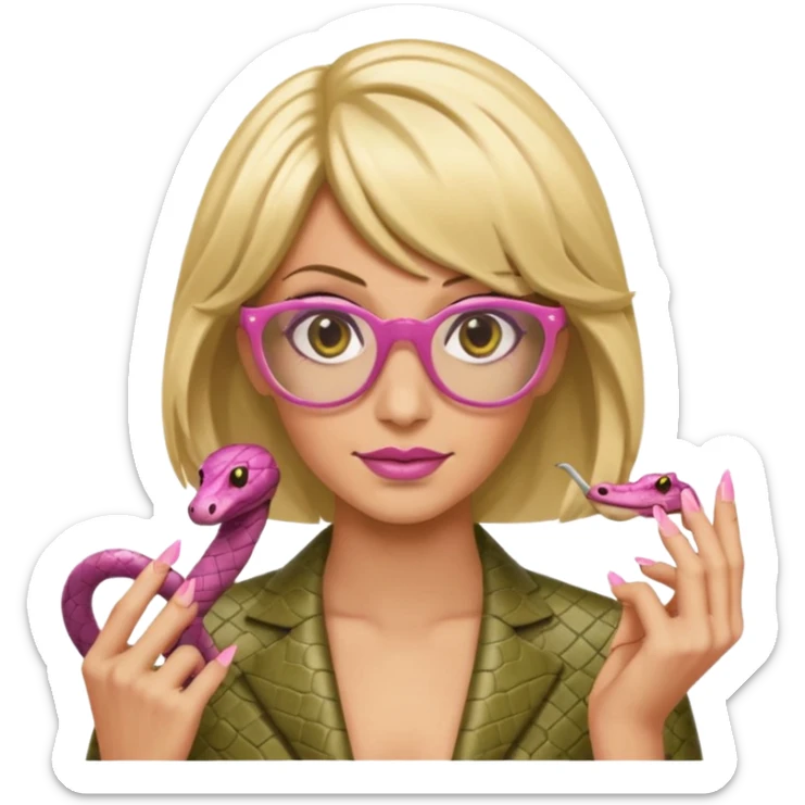 a snake with a bitchy face, a dirty blonde wig, pink pointy nails and square frame golden glasses sticker
