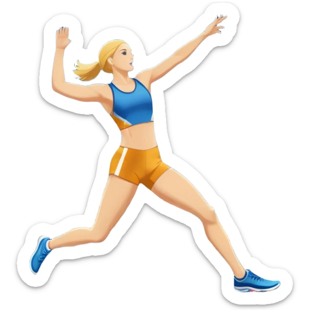 An icon featuring a collage of track and field equipment: a javelin, shot put, discus, high jump bar, and running shoes. The background shows a lively stadium with cheering fans, bright lights, and a clear sky, symbolizing the diversity of athletics. Transparent background emphasizes the sport. sticker