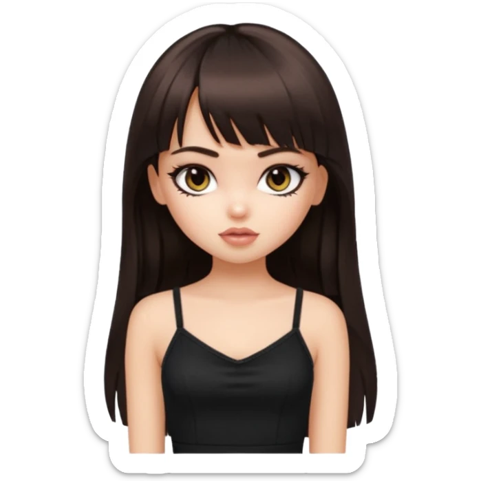 generate a pretty bratz girl in black cami top, dark brown straight long hair with bangs, eyeliner on, sticker