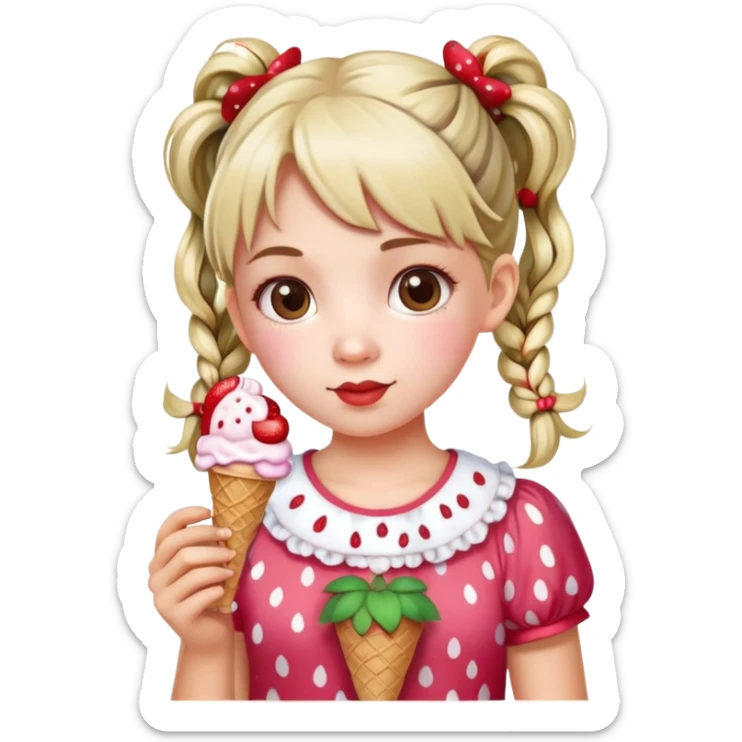 A cute girl with pigtails, wearing a strawberry-patterned top, holding an ice cream. sticker