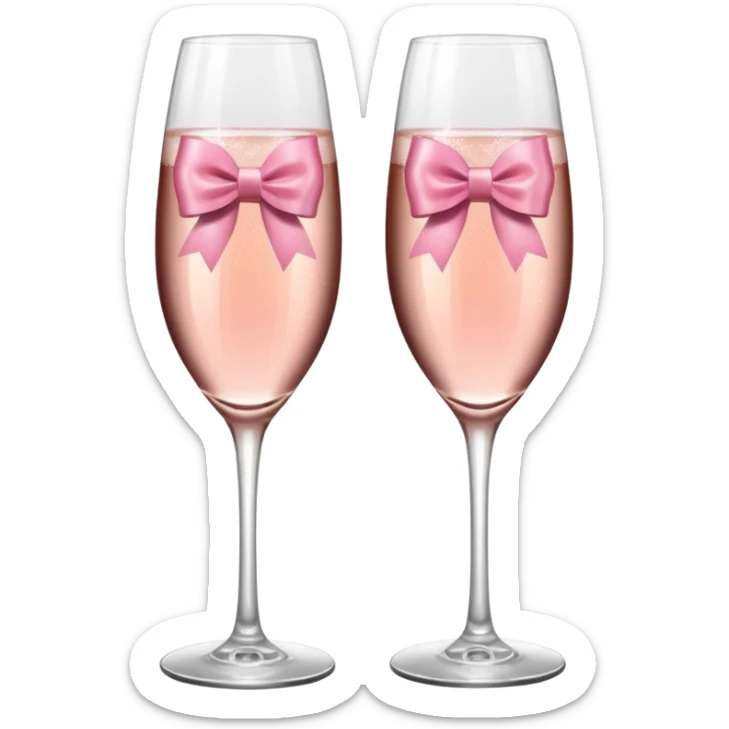 Dos Champagne rosa cruzadas de la parte donde se sostiene con la mano, formando una x, con un listón de moño color rosa claro sin cartas, que sea aesthetic sticker