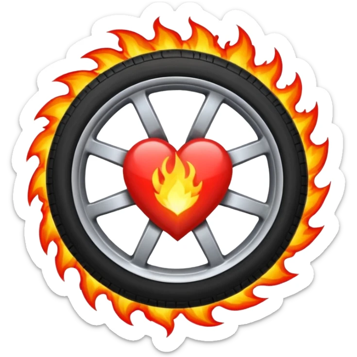 the car wheel is on fire, and in the center of the wheel there is a red fiery heart, high quality sticker