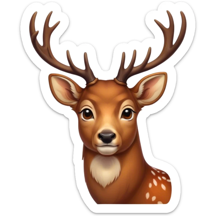 Cinematic Noble Deer Portrait Emoji, Poised and regal, with a graceful, slender build and a dappled coat of warm browns and creams, elegant antlers crowning its head, deep-set soulful gentle eyes, Simplified yet sharp and sophisticated features, highly detailed, glowing with a soft, dignified glow, high shine, intelligent and serene, stylized with an air of forest majesty, focused and attentive, soft glowing outline, capturing the essence of a watchful woodland guardian, so majestic it feels as though it could gracefully leap out of the screen with effortless authority! sticker