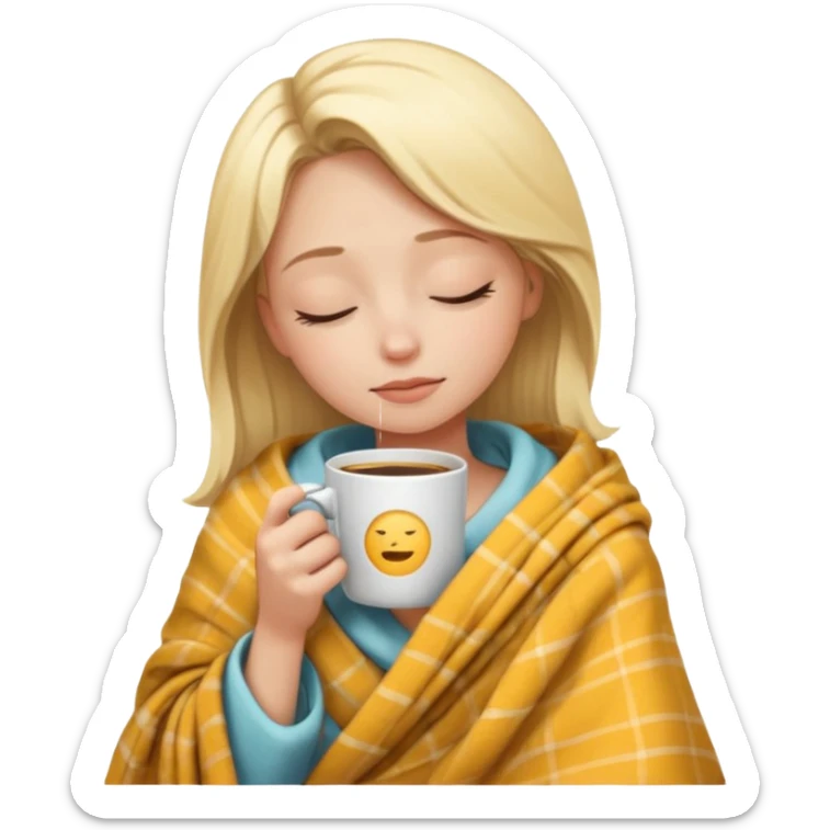 blonde girl wrapped in a blanket, sipping coffee, eyes closed, peaceful emoji style sticker