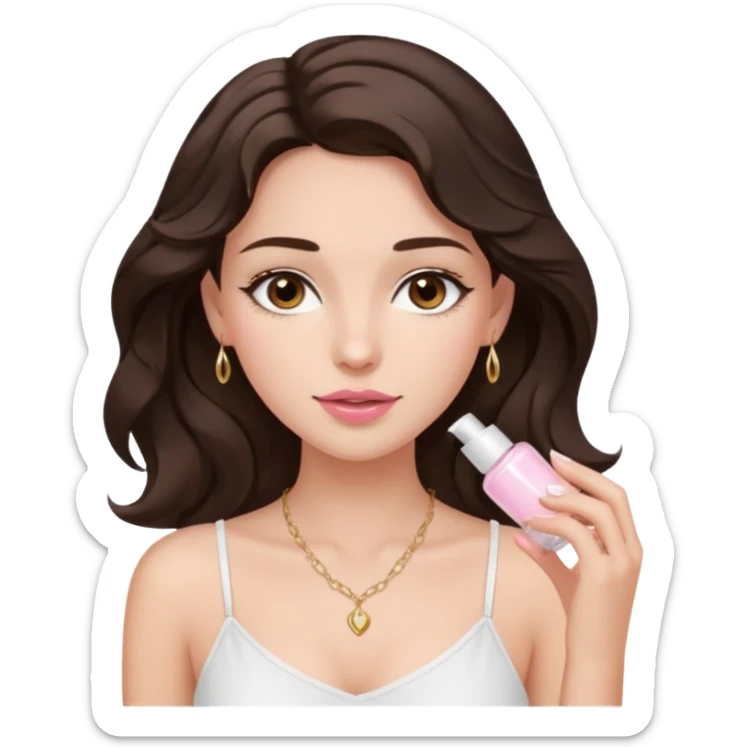 generate a pretty fair bratz girl with dark brown eyes. Dark brown hair wavy hair. light pink lipgloss. white cami top. doing skincare. Dainty gold necklace sticker