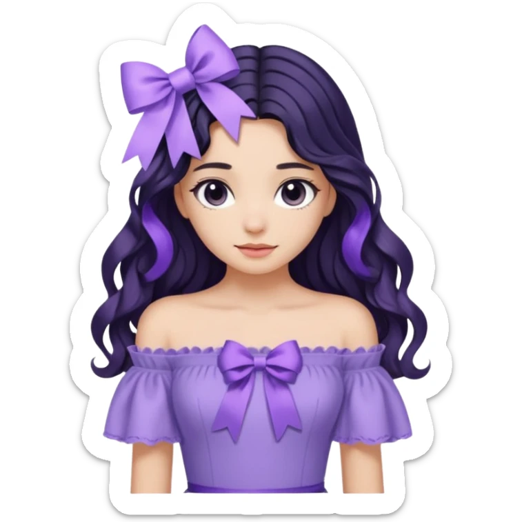 Girl with black wavy long hair and a ribbon hair clip beside it make it look like wearing a lavender off shoulder  sticker