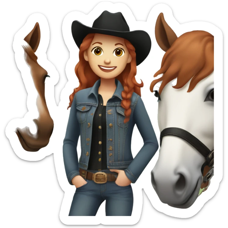 Girl with short red hair, with brown eyes, smiling, wearing a denim jacket and black shirt and brown cowgirl hat, next to her brown horse that has a white spot on her forehead. sticker