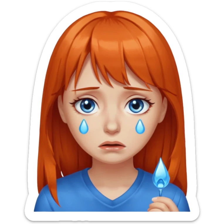 A woman with dark orange hair and bangs, blue eyes, an asmr streamer, crying, sticker