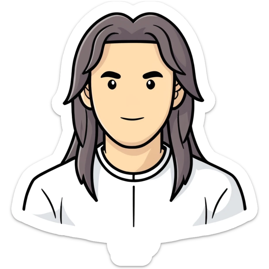 Genera a un hombre moreno de cara redonda y pelo largo con un mechon blanco sticker